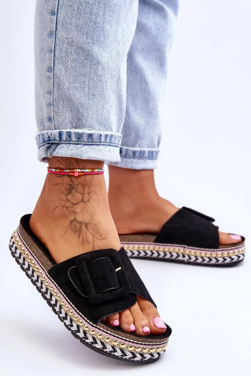 Online Damskie Klapki Na Zdobionej Platformie Czarne Joyce Damskie Klapki Na Platformie