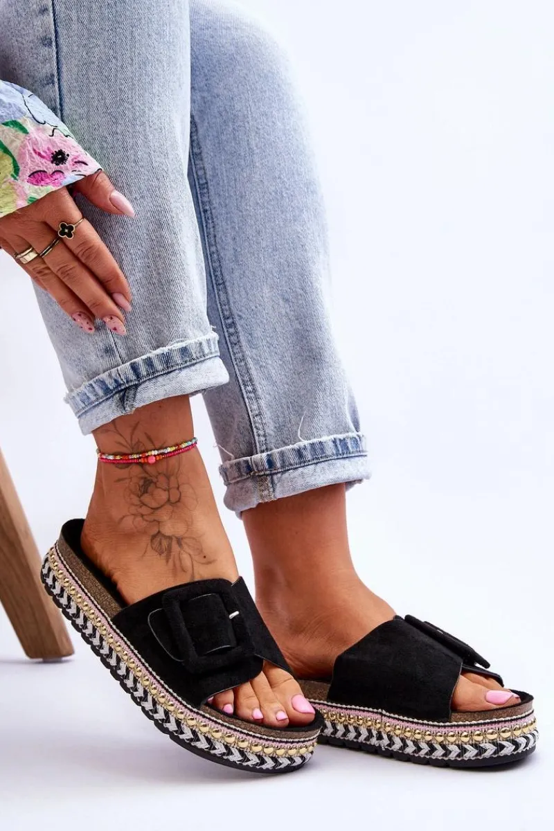 Online Damskie Klapki Na Zdobionej Platformie Czarne Joyce Damskie Klapki Na Platformie