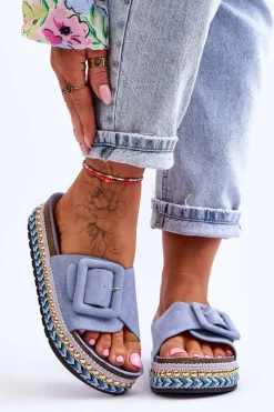 Boto Damskie Klapki Na Zdobionej Platformie Niebieskie Joyce