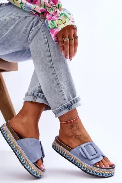 Boto Damskie Klapki Na Zdobionej Platformie Niebieskie Joyce