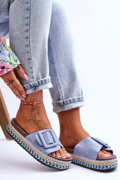 Boto Damskie Klapki Na Zdobionej Platformie Niebieskie Joyce