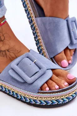 Boto Damskie Klapki Na Zdobionej Platformie Niebieskie Joyce