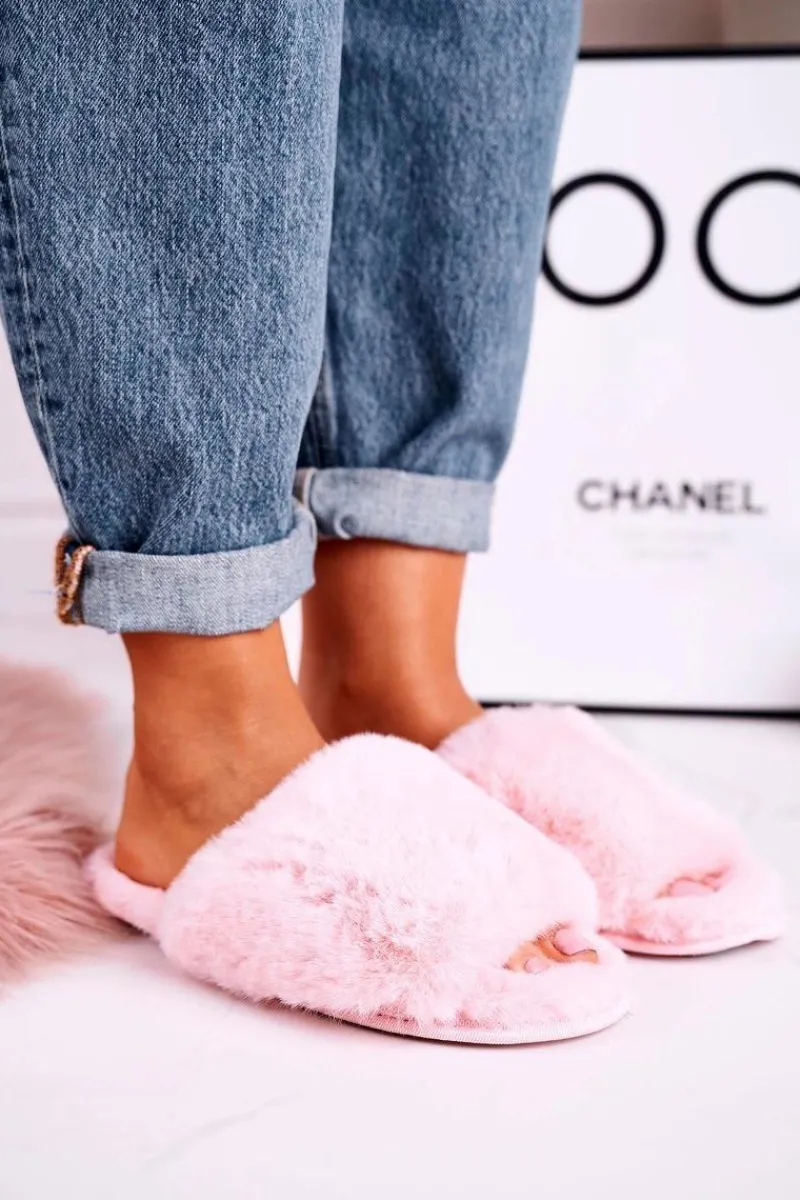 Outlet Damskie Klapki Papcie Futrzane Różowe Sweet Damskie Kapcie Klasyczne
