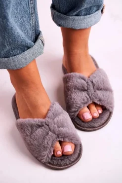 Kapcie Klasyczne>Evento Damskie Klapki Papcie Futrzane Szare Bow