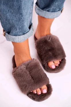 New Evento Damskie Klapki Papcie Futrzane Szare Sweet