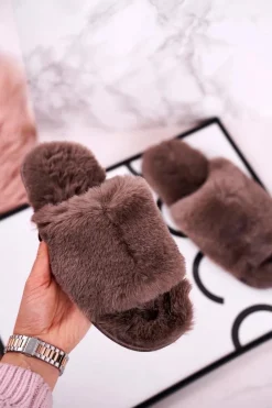 New Evento Damskie Klapki Papcie Futrzane Szare Sweet