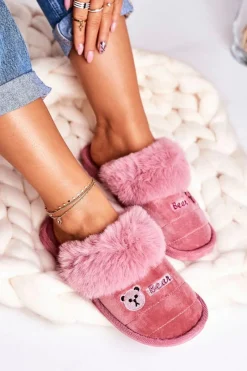 Outlet Damskie Klapki Papcie Z Futerkiem Pudrowy Róż Teddy Damskie Kapcie Klasyczne|Klapki Z Futerkiem