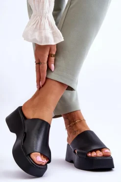 Discount Boto Damskie Klapki Skórzane Na Platformie Czarne Lemar Lucami