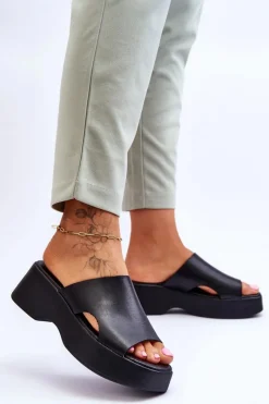 Discount Boto Damskie Klapki Skórzane Na Platformie Czarne Lemar Lucami