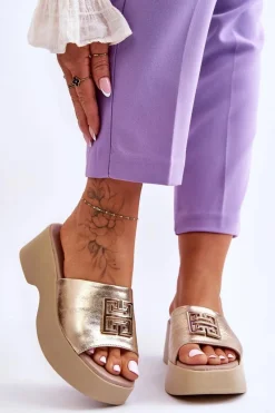 Damskie Klapki Skórzane Na Platformie Z Ozdobą Złote Lemar Renna Damskie Klapki Na Platformie|Klapki Damskie Klasyczne