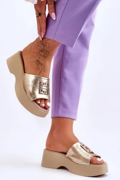 Damskie Klapki Skórzane Na Platformie Z Ozdobą Złote Lemar Renna Damskie Klapki Na Platformie|Klapki Damskie Klasyczne