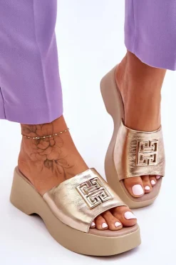 Damskie Klapki Skórzane Na Platformie Z Ozdobą Złote Lemar Renna Damskie Klapki Na Platformie|Klapki Damskie Klasyczne