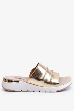 Klapki Na Koturnie|Klapki Damskie Klasyczne>Damskie buty S.Barski Damskie Klapki Skórzane Na Niewysokim Koturnie Złote Leona