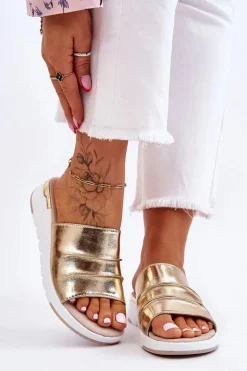 Klapki Na Koturnie|Klapki Damskie Klasyczne>Damskie buty S.Barski Damskie Klapki Skórzane Na Niewysokim Koturnie Złote Leona