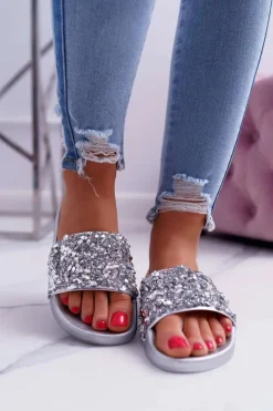 Sale Damskie Klapki Srebrne Glamour Damskie Klapki Damskie Klasyczne