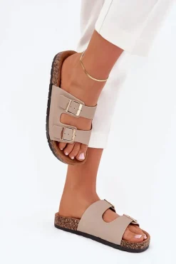 Boto Damskie Klapki Wsuwane Na Korkowej Podeszwie Beżowe Cortina