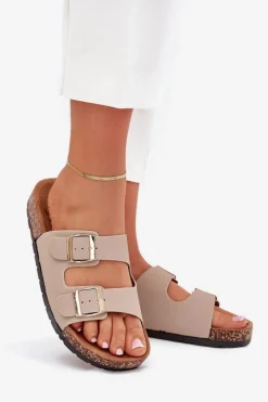 Boto Damskie Klapki Wsuwane Na Korkowej Podeszwie Beżowe Cortina