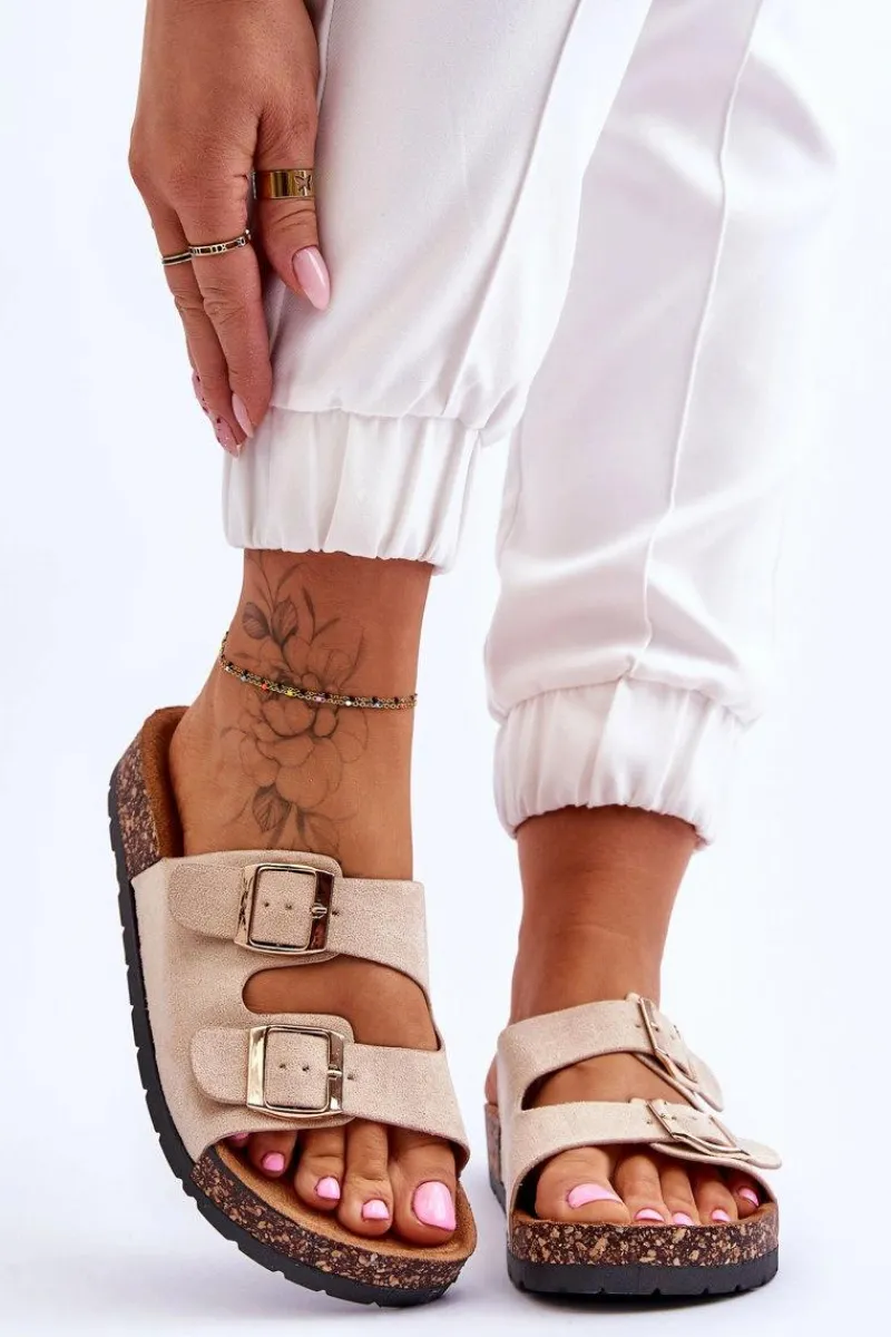 Boto Damskie Klapki Wsuwane Na Korkowej Podeszwie Beżowe Cortina