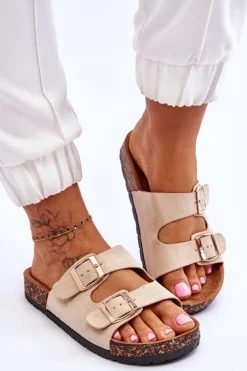 Boto Damskie Klapki Wsuwane Na Korkowej Podeszwie Beżowe Cortina