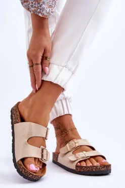 Boto Damskie Klapki Wsuwane Na Korkowej Podeszwie Beżowe Cortina