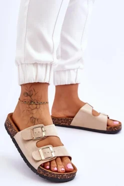 Boto Damskie Klapki Wsuwane Na Korkowej Podeszwie Beżowe Cortina