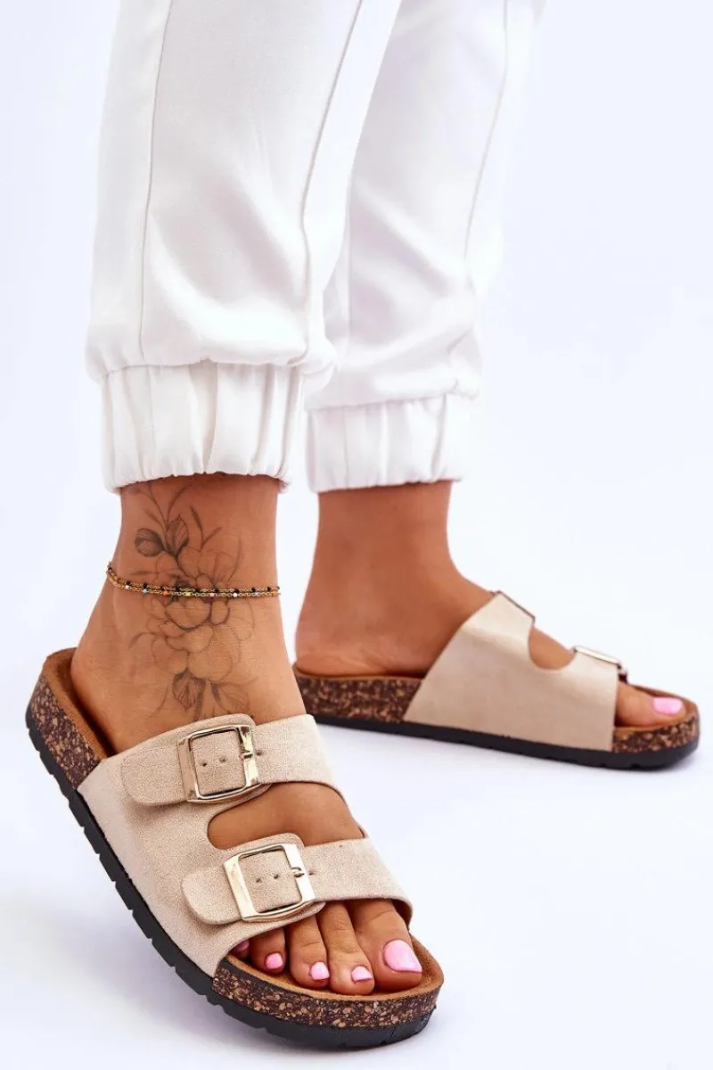 Boto Damskie Klapki Wsuwane Na Korkowej Podeszwie Beżowe Cortina