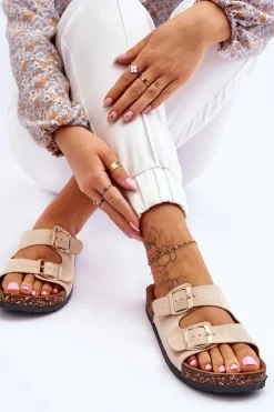 Boto Damskie Klapki Wsuwane Na Korkowej Podeszwie Beżowe Cortina