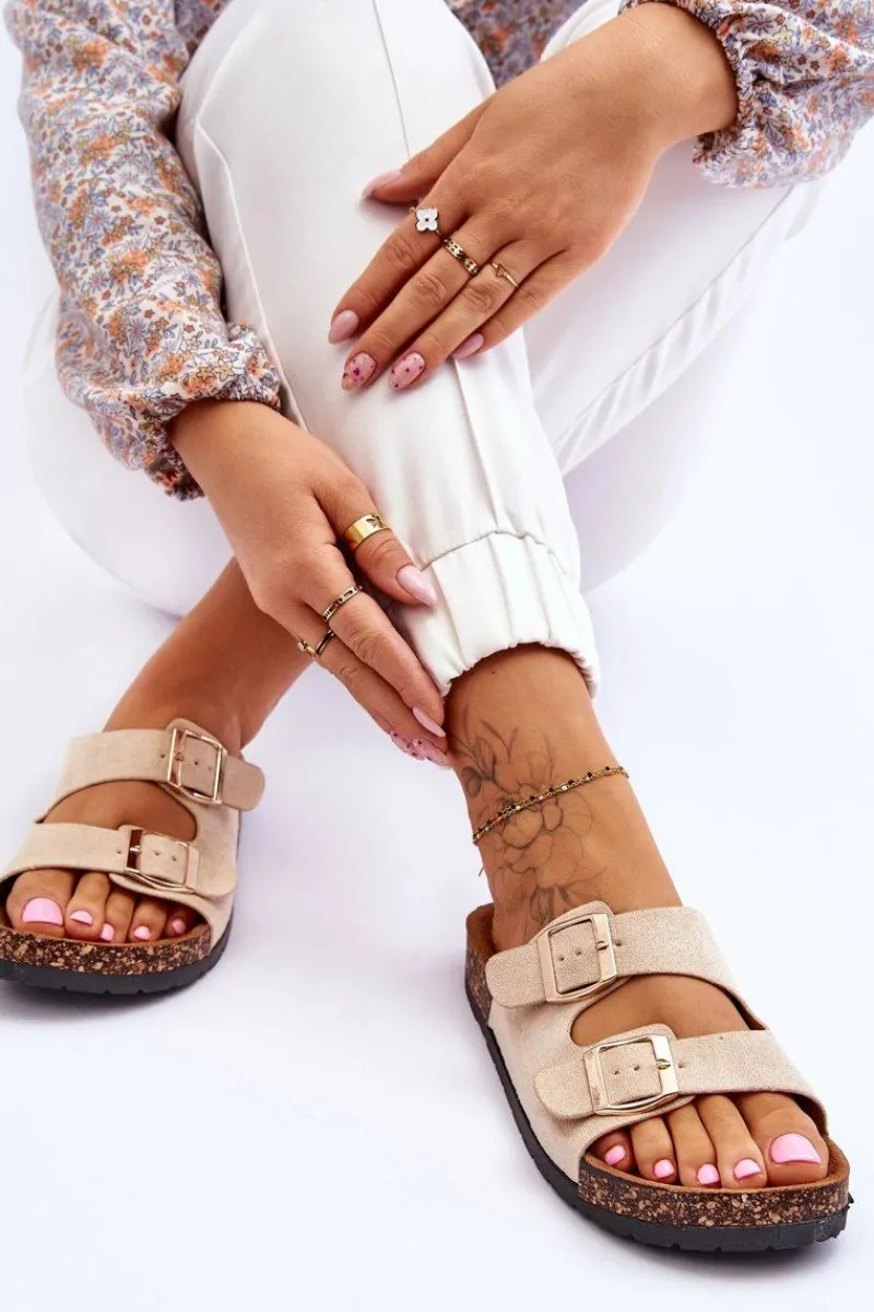 Boto Damskie Klapki Wsuwane Na Korkowej Podeszwie Beżowe Cortina