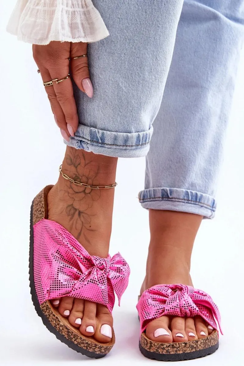 Outlet Damskie Klapki Z Błyszczącą Kokardą Różowe Cristina Damskie Klapki Korkowe|Klapki Na Platformie