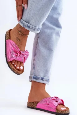 Outlet Damskie Klapki Z Błyszczącą Kokardą Różowe Cristina Damskie Klapki Korkowe|Klapki Na Platformie