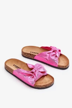 Outlet Damskie Klapki Z Błyszczącą Kokardą Różowe Cristina Damskie Klapki Korkowe|Klapki Na Platformie