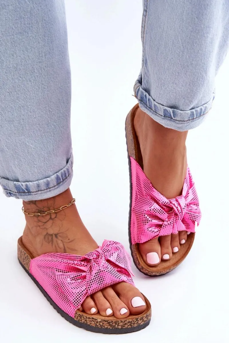 Outlet Damskie Klapki Z Błyszczącą Kokardą Różowe Cristina Damskie Klapki Korkowe|Klapki Na Platformie