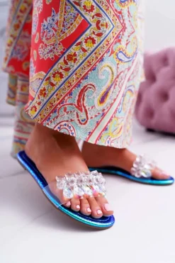 Clearance Boto Damskie Klapki Z Cyrkoniami Lu Boo Benzynowe Niebieskie Mediana