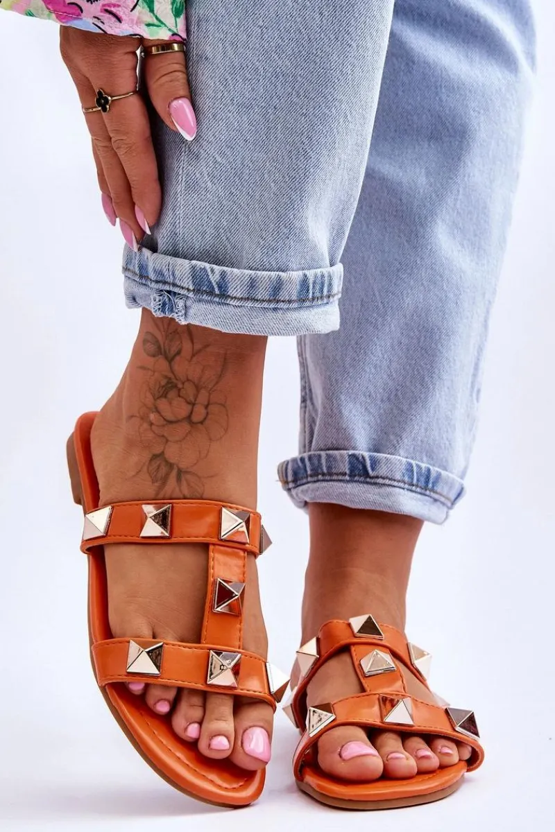 Klapki Damskie Klasyczne>Boto Damskie Klapki Z Dużymi Ćwiekami Pomarańczowe Mercure Pomarańczowy