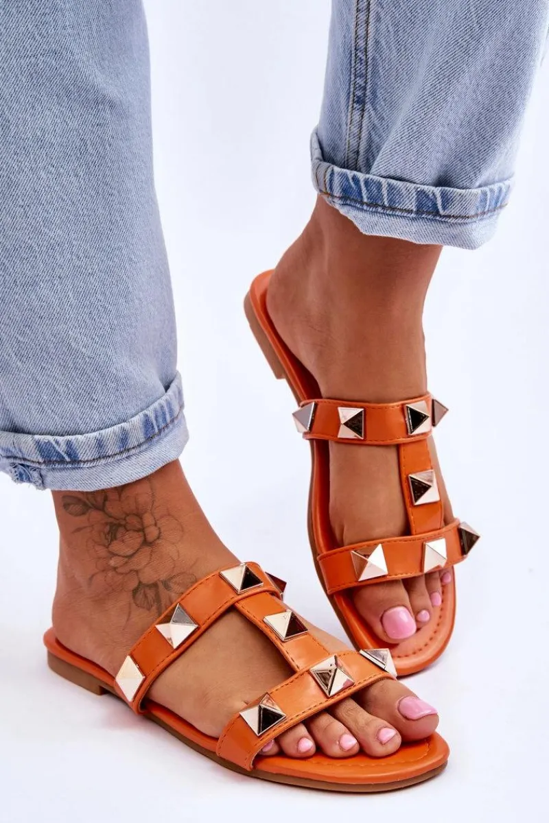 Klapki Damskie Klasyczne>Boto Damskie Klapki Z Dużymi Ćwiekami Pomarańczowe Mercure Pomarańczowy