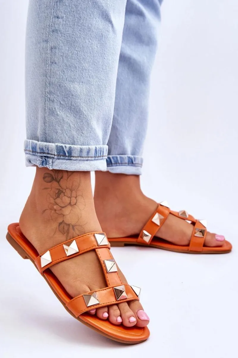 Klapki Damskie Klasyczne>Boto Damskie Klapki Z Dużymi Ćwiekami Pomarańczowe Mercure Pomarańczowy