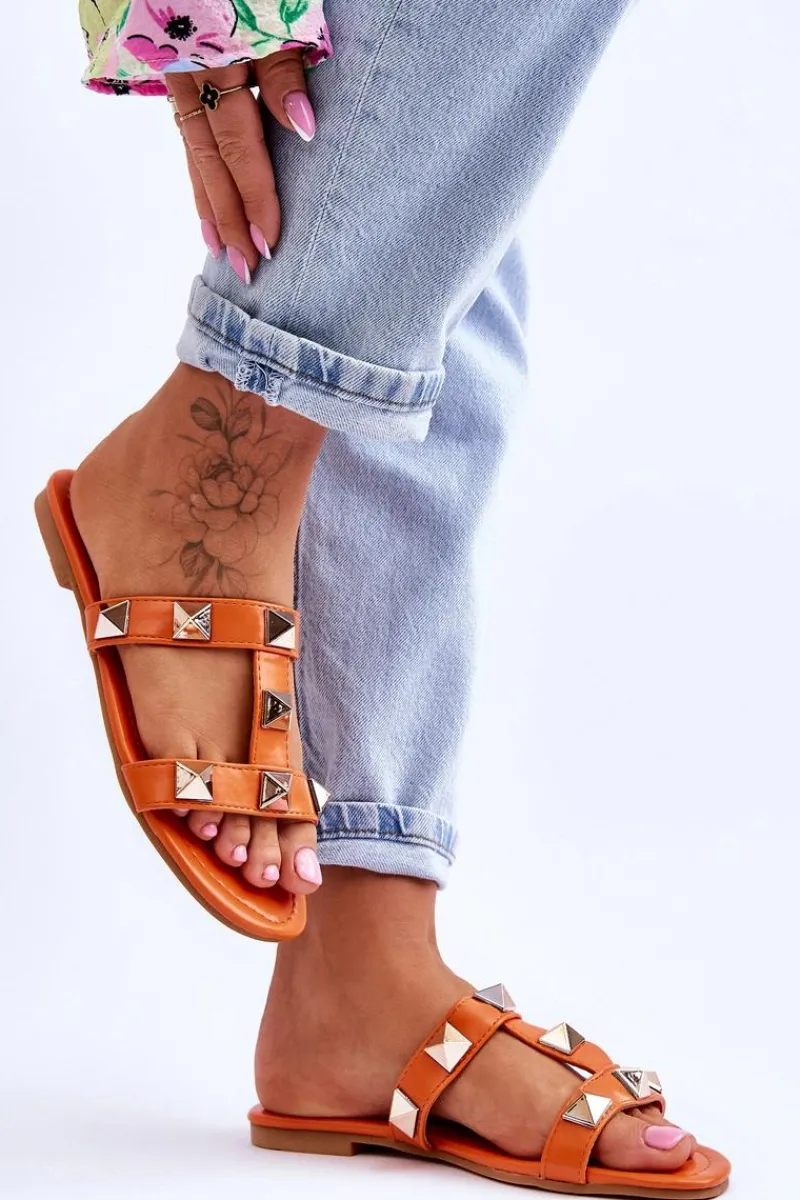 Klapki Damskie Klasyczne>Boto Damskie Klapki Z Dużymi Ćwiekami Pomarańczowe Mercure Pomarańczowy