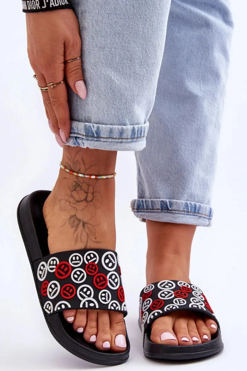 Klapki Basenowe|Klapki Damskie Klasyczne>Boto Damskie Klapki Z Emotikonami Czarne Cosette