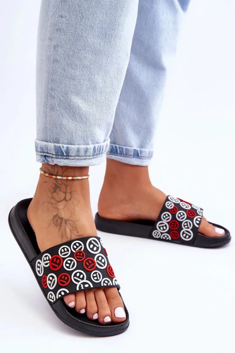 Klapki Basenowe|Klapki Damskie Klasyczne>Boto Damskie Klapki Z Emotikonami Czarne Cosette