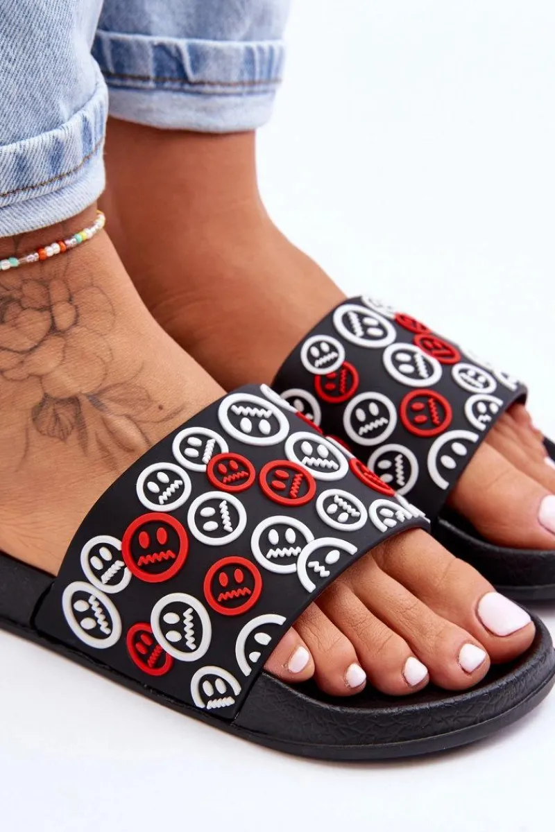 Klapki Basenowe|Klapki Damskie Klasyczne>Boto Damskie Klapki Z Emotikonami Czarne Cosette