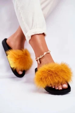 Outlet Boto Damskie Klapki z Futerkiem Żółte Belmondo