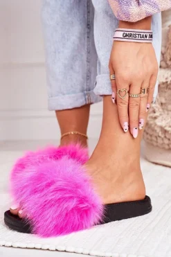 Best Boto Damskie Klapki z Futerkiem Fuksja Belmondo