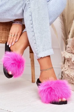 Best Boto Damskie Klapki z Futerkiem Fuksja Belmondo