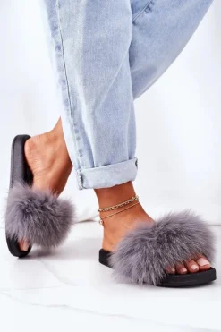 Boto Damskie Klapki z Futerkiem Ciemnoszare Belmondo