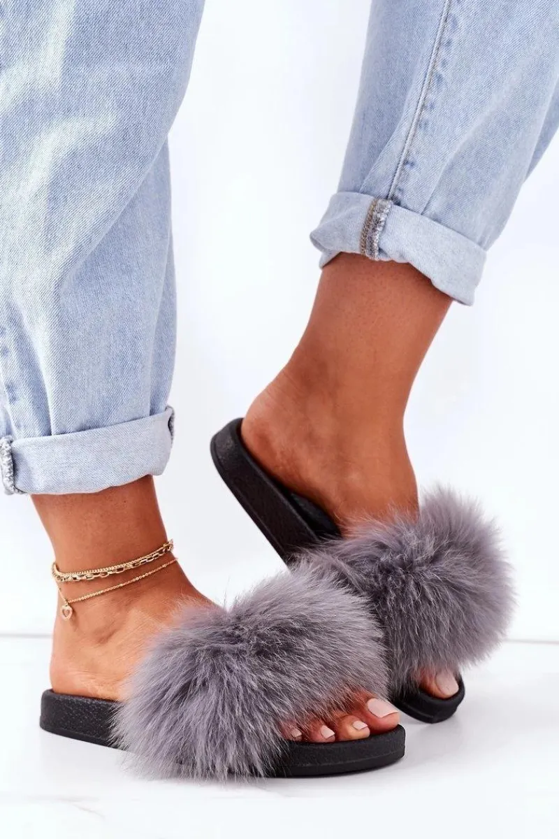 Boto Damskie Klapki z Futerkiem Ciemnoszare Belmondo