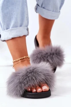 Boto Damskie Klapki z Futerkiem Ciemnoszare Belmondo