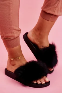 Sale Damskie Klapki z Futerkiem Czarne Belmondo Damskie Klapki Z Futerkiem|Klapki Damskie Klasyczne