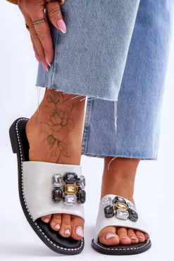 Damskie Klapki Z Kamieniami S.Barski KV-2775-31 Biało-Srebrne Damskie Klapki Damskie Klasyczne