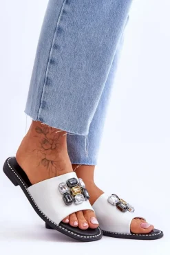 Damskie Klapki Z Kamieniami S.Barski KV-2775-31 Biało-Srebrne Damskie Klapki Damskie Klasyczne