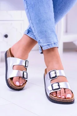 Best Boto Damskie Klapki Z Klamrami Na Korku Srebrne Ferone